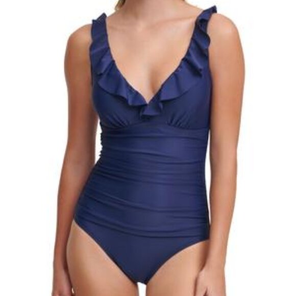 Dkny Ruffle Plunge Underwire Tummy Control One-Piece Swimsuit - Picture 1 of 8